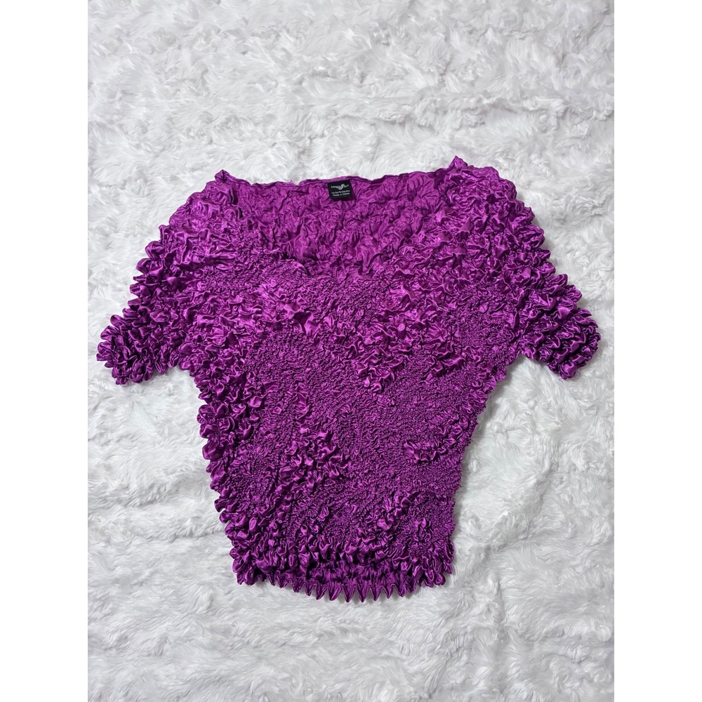 Y2K Magic Scarf Popcorn Top Womens One Size Magenta Purple Crinkle V-Neck Blouse